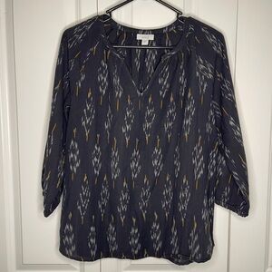 Pure Jill Blouse Size Small Black Aztec V-Neck Cotton Casual Boho Cottagcore